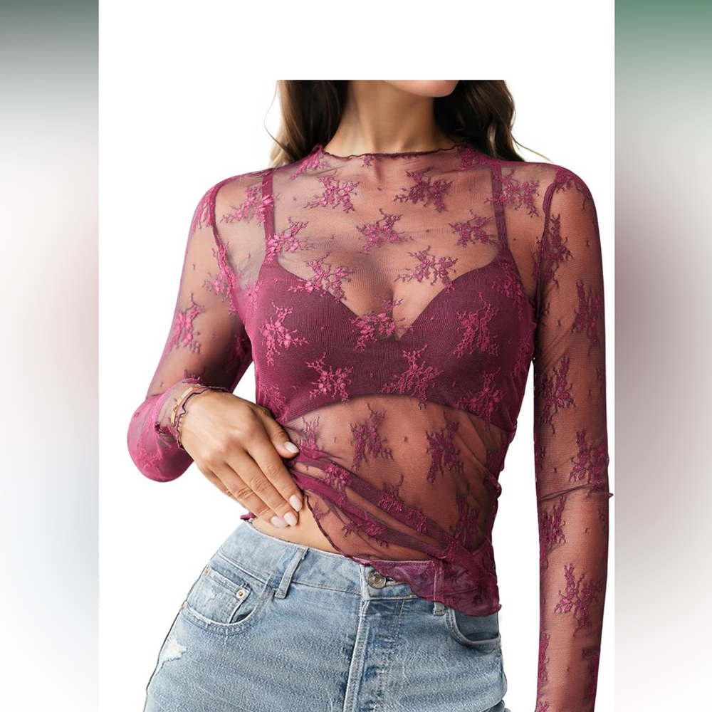 HOTOUCH Women's Mesh Sheer Tops Long Sleeve Floral Lace Shirt Blouse XL